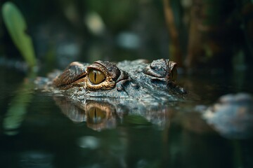 Obraz premium Crocodile Eyes Above Water Surface, Intense Wildlife Predator Observing Environment