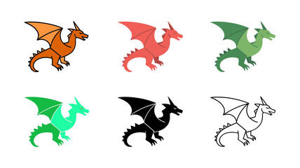Vector art of assortment of six dragon icons, showcasing mythical creatures in vibrant colors, black silhouette, and outline