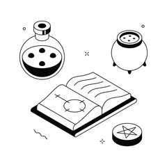 Halloween potion bottle with open magic spell book and cauldron, concept illustration