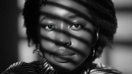 Close up portrait of a person with striped shadows across the face