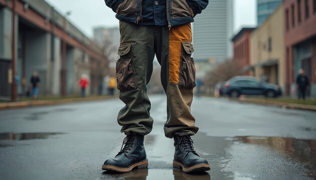 Model poses on wet urban street wearing unique patchwork cargo pants and boots. Focus on the creative textile design and functional pockets. Style expresses individuality in city. - Powered by Adobe
