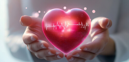 "Hands Holding Glowing Heart with ECG Line &ndash; Symbol of Compassionate Care, Cardiovascular Wellness & Digital Health Monitoring"