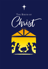 The Birth of Christ Nativity scene with silhouette Holy family and Bethlehem star. Holiday design for Merry Christmas with Jesus in manger, Mary, Joseph and animals. Vector illustration