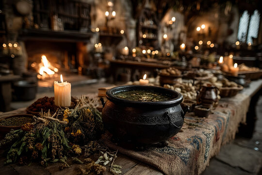 Rustic Medieval Feast in Candlelit Hall with Pottery and Fresh Herbs