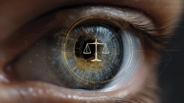 A close up of a person's eye with a scale and a gavel in the center.Futuristic AI legal framework eye hologram with overlay of law symbols: gavel, scale, paragraph, clean conceptual