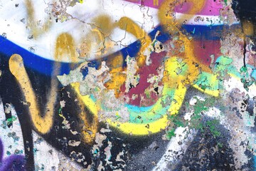 Grunge urban graffiti texture featuring neon blue, yellow, pink accents with peeling paint. Y2K, 2000s vibe, vibrant street art, distressed appearance. Posters, urban visuals, digital art.