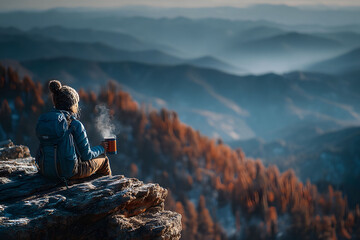 Naklejka premium Autumn Mountain Adventure: Cozy Hiker Enjoying Scenic Sunrise with Hot Drink