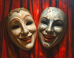 Two theater masks, one smiling, one laughing, against a red curtain backdrop