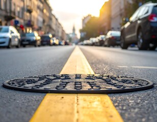 Urban Street Scene with a Manhole Cover, Cars, and a Yellow Line