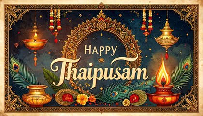 Beautiful vintage-style Thaipusam greeting card design with intricate decorations. The artwork features ornate temple motifs, golden oil lamps, traditional Indian patterns and peacock feathers.