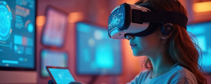 Young girl wears VR headset exploring digital world. Uses tablet in future tech classroom. Child learns with virtual reality games, immersive education. Modern interactive learning experience for