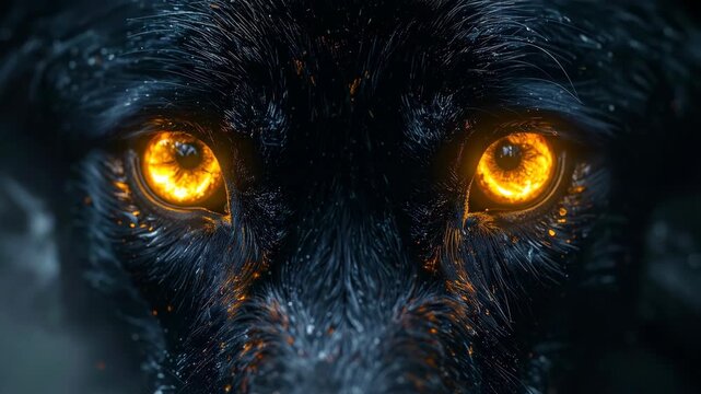 Intense Gaze: Close-up of a Dark Animal with Glowing Golden Eyes, Fur Detail