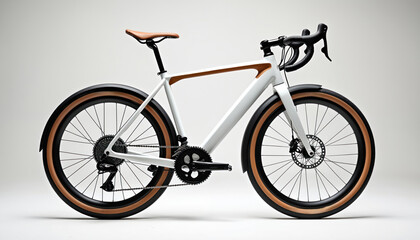 Fototapeta premium Studio shot of a modern gravel bike against white backdrop. Bike features white frame brown accents disc brakes. Clean design highlights cycle components.