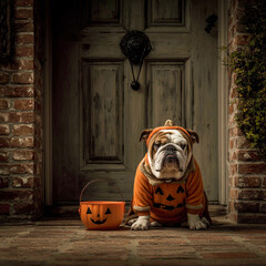 Bulldog in pumpkin costume refusing to move during trick or treat