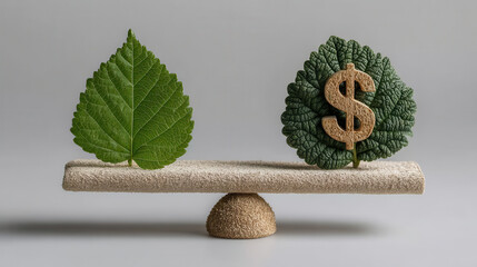 Green leaf balance scale eco finance sustainability savings symbol minimal concept calm
