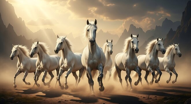 Majestic Herd of White Horses Running at Sunset