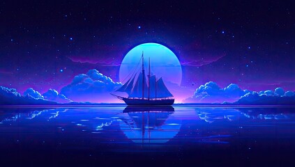 Ship sails at night under a large glowing moon, reflected