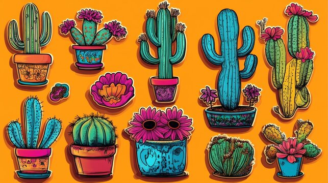 Pixel art plant stickers compiled on a vibrant orange background