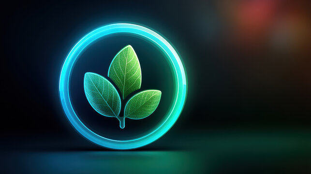 Glowing leaf icon eco symbol sustainable finance green economy neon circle futuristic design minimal logo clean energy digital graphic blue green