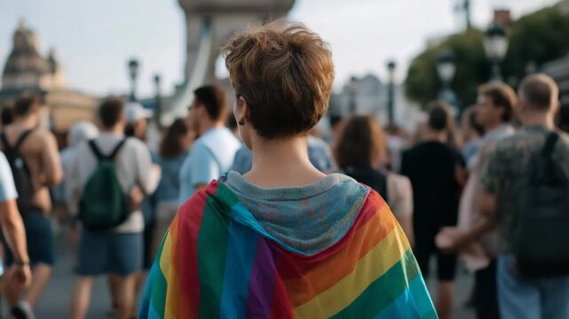 A woman wearing a rainbow flag is standing in a crowd. nonbinary person wearing rainbow cape standing in budapest pride parade crowd with faint Chain Bridge silhouette behind, bright documentary