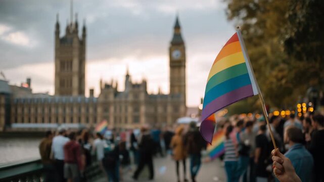A person holding a rainbow flag in front of a crowd. Close up of rainbow flag waving in wind with blurred parade crowd and faint Parliament silhouette, budapest pride vibrant documentary
