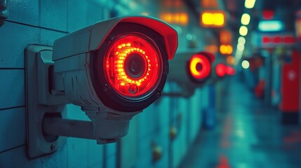 Security cameras with red lights monitoring a dimly lit corridor in a high tech facility ensuring safety and surveillance