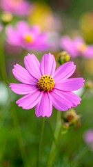 Obraz premium A vibrant pink cosmos flower in a blurry garden