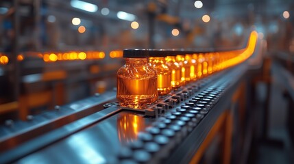 Glass bottles filled with liquid moving along conveyor belt in a brightly lit industrial production line facility
