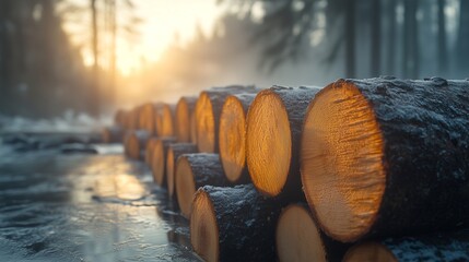 A serene winter scene with logs stacked neatly in a forest illuminated by soft sunlight and surrounded by snow covered trees