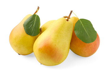 Many ripe yellow pears with green leaves isolated on white