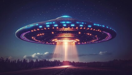 Flying saucer hovers, beams illuminate landscape