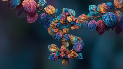 Colorful leaf dollar symbol botanical finance concept eco money sustainability savings growth nature autumn leaves macro detail