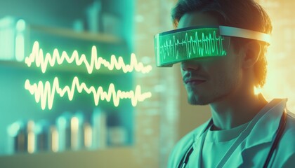 Doctor Wearing AR Glasses with Green Wave Display in Futuristic Lab for Medical Technology and Diagnostics