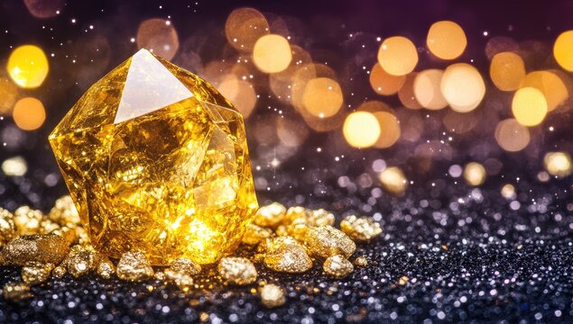 Gleaming amber crystal on glitter surface, bokeh backdrop