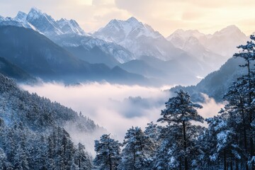 Majestic winter mountain range enveloped in a soft mist.