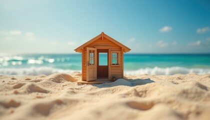 Fototapeta premium Small wooden house on sandy beach near ocean. Beach house with open door and windows. Sandy shore with sea waves and blue sky. Beachside bungalow on seashore.