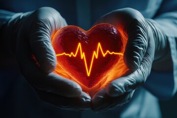 Gloved Hands Holding Realistic Heart with ECG – Symbol of Cardiac Diagnostics and Medical Precision