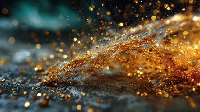 Captivating abstract explosion of shimmering golden particles and liquid splashes creating a dynamic, luxurious, and energetic visual spectacle