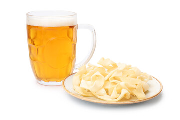 Glass mug of beer and dried shredded squid isolated on white