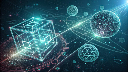 Awe inspiring futuristic sci fi background with glowing cube and sphere. This abstract digital network represents high fidelity technology
