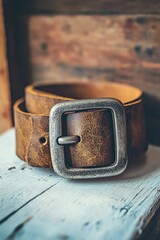 Leather belt with metal buckle on painted wood