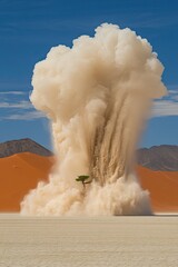 Sandstorm envelops lone tree in vast, arid desert landscape