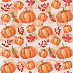 Watercolor seamless pattern of orange pumpkins, autumn leaves, and red berries on a beige and pink background. Suitable for textile design, gift wrapping paper, cards, invitations, and food packaging