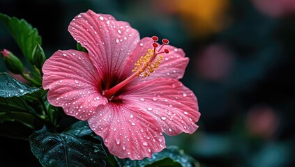Pink hibiscus bloom dotted with water, green leaves nearby