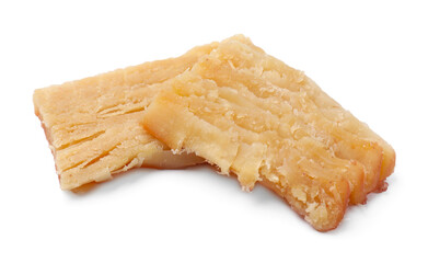 Pieces of tasty dried squid isolated on white
