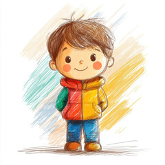 Cute boy in colorful jacket, colorful pencil illustration.