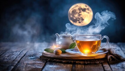 Steaming tea under full moon on rustic wood surface