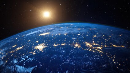 Earth from space; cities glow, sun shines