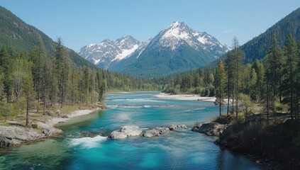 Turquoise river flows through valley, snow-capped mountain view