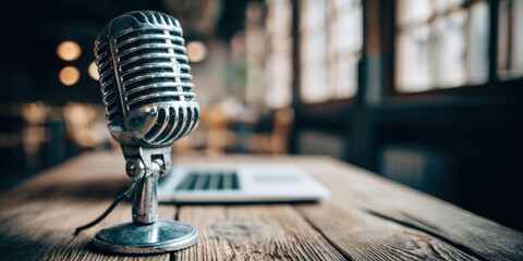 Vintage microphone on a wooden table with a laptop in the background, soft focus cafe setting